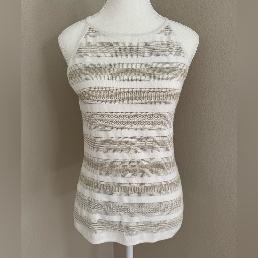 Sleeveless stripe gold lurex keyhole button back tank